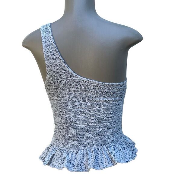 Gaze Peplum Crop Top XS White Gray Animal Print Smocked One Shoulder Ruffle Hem - Picture 4 of 9
